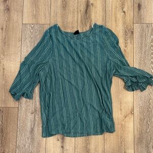 W5 Teal Striped Ruffle-Sleeve Blouse